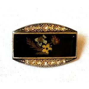 Vintage Pierre Bex Brooch France Dried Flower Enamel Rhinestone Trombone Clasp